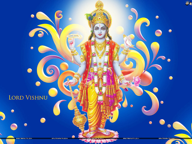 Lord vishnu blue background yellow free wallpaper for desktop - medium preview image