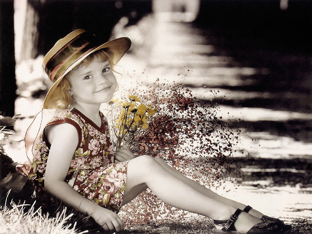 Little girl hat bouquet flowers free wallpaper for desktop - medium preview image