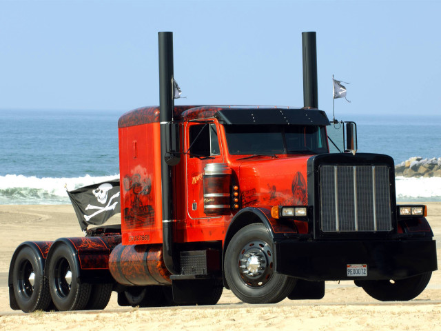 Red semi truck beach ocean free wallpaper for desktop - medium preview image
