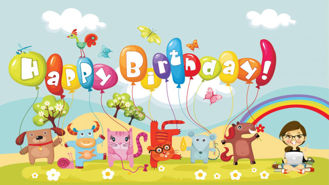 Cartoon birthday card animals balloons free wallpaper for desktop - medium preview image