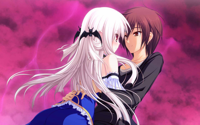 Anime couple hugging pink sky free wallpaper for desktop - medium preview image