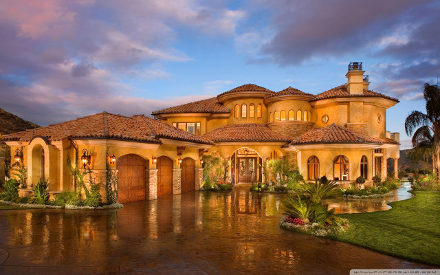 Large house fountain cloudy sky free wallpaper for desktop - medium preview image