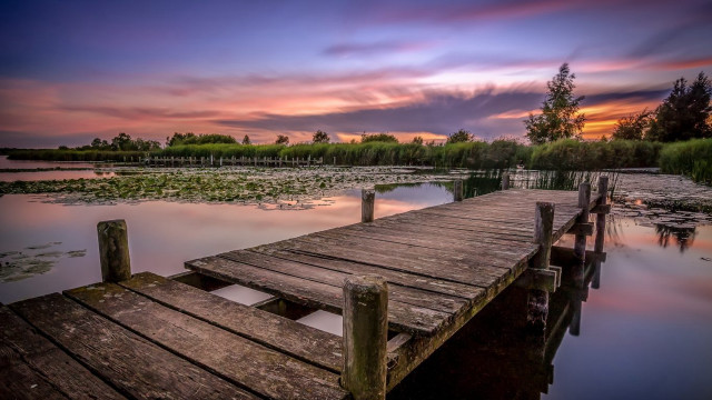 Wooden dock lake cloudy sky free wallpaper for desktop - medium preview image