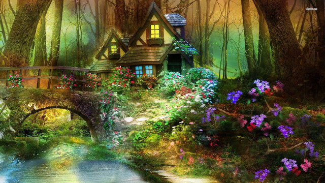 House woods bridge stream flowers free wallpaper for desktop - medium preview image