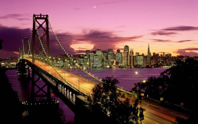 Bridge city purple sky night free wallpaper for desktop - medium preview image