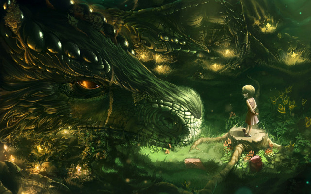 Woman dragon rock forest lights free wallpaper for desktop - medium preview image