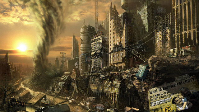 Postapocalyptic cityscape skyline explosion architecture free wallpaper for desktop - medium preview image