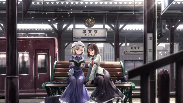 Anime girls bench train station free wallpaper for desktop - medium preview image