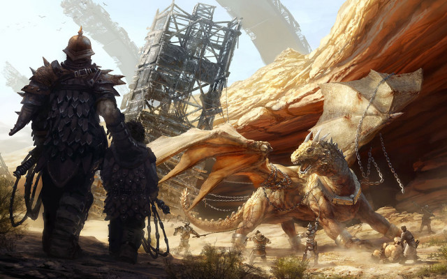 Man woman desert dragon structures free wallpaper for desktop - medium preview image