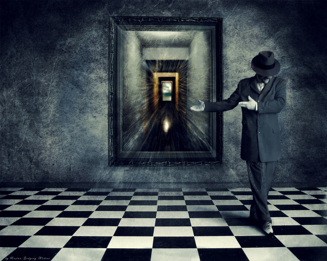 Man suit hat painting hallway free wallpaper for desktop - medium preview image