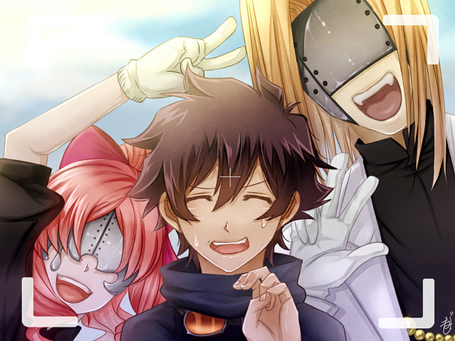 Anime group blindfolded posing smiling free wallpaper for desktop - medium preview image