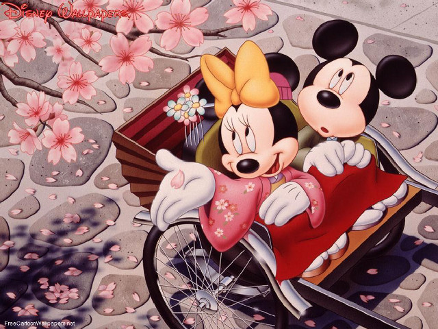 Mickey minnie bicycle cherry blossoms #2 free wallpaper for desktop - medium preview image