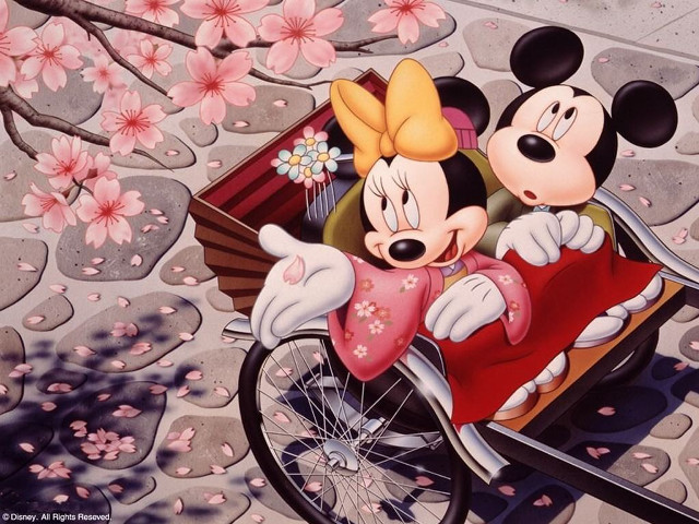 Mickey minnie bicycle cherry blossoms free wallpaper for desktop - medium preview image