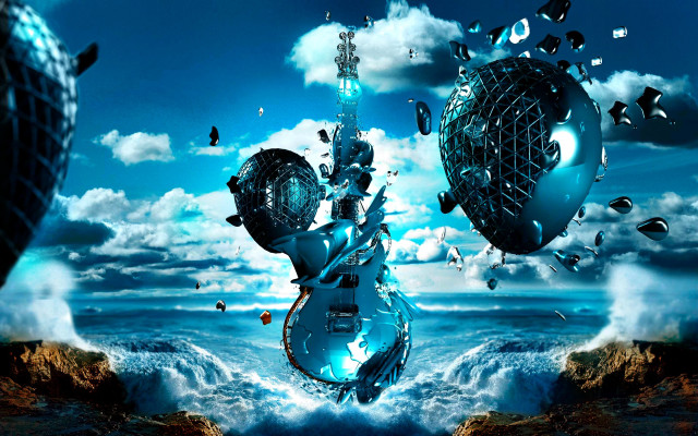 Surreal guitar sky clouds water free wallpaper for desktop - medium preview image
