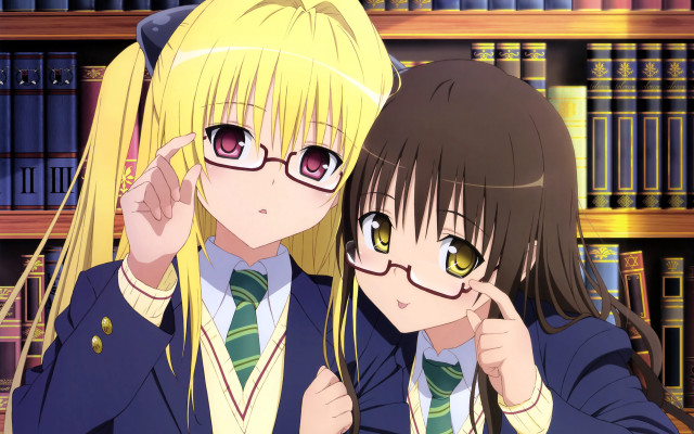 Anime girls school uniforms bookshelf free wallpaper for desktop - medium preview image