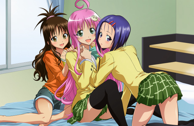 Three girls hugging on bed free wallpaper for desktop - medium preview image