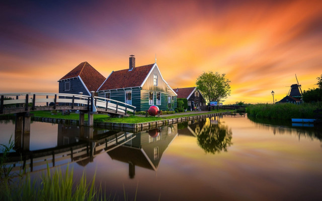House water sunset windmill background free wallpaper for desktop - medium preview image