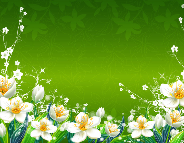 Green background white flowers butterflies free wallpaper for desktop - medium preview image