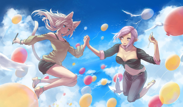 Women flying balloons sky clouds free wallpaper for desktop - medium preview image