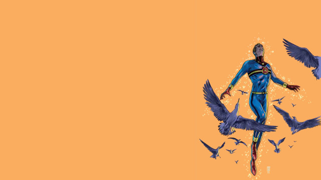 Woman birds orange background yellow free wallpaper for desktop - medium preview image