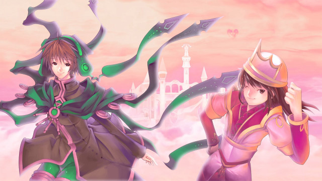 Anime characters costumes pink sky free wallpaper for desktop - medium preview image