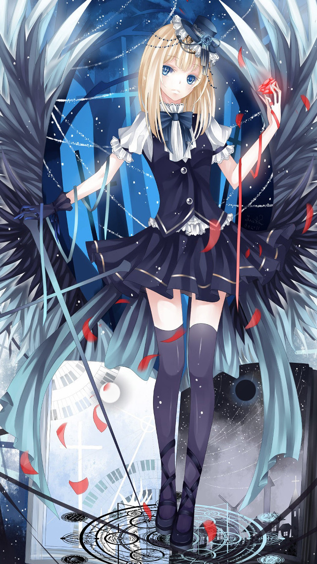 Anime girl black dress wings free wallpaper for mobile - medium preview image