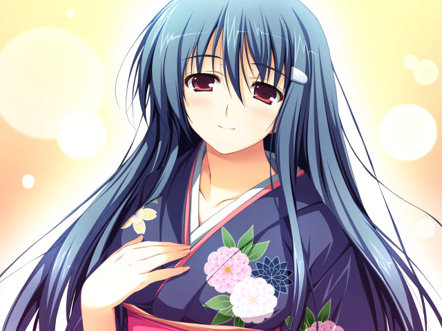 Woman blue hair kimono flower free wallpaper for desktop - medium preview image