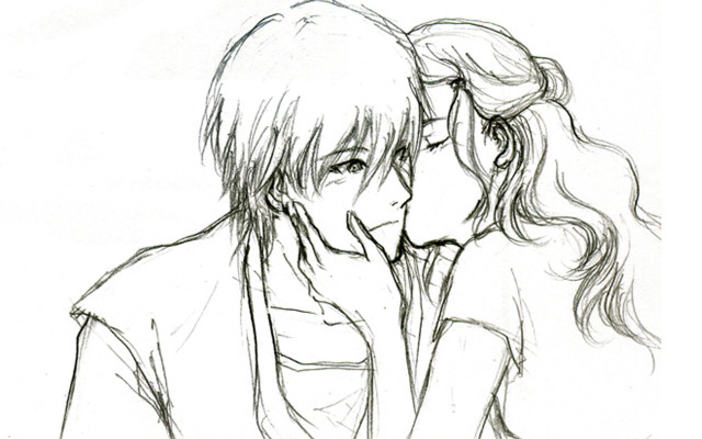Kissing people close faces drawing free wallpaper for desktop - medium preview image