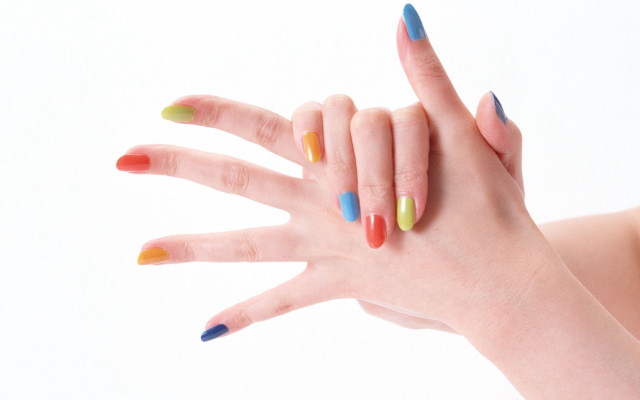 Woman hand multicolored nails ring free wallpaper for desktop - medium preview image