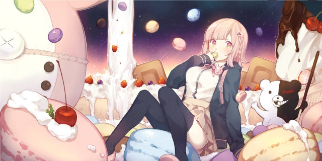 Girl sitting bed stuffed animals free wallpaper for desktop - medium preview image