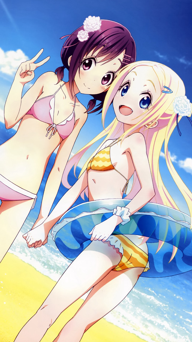 Beach anime girls surfboard bikini free wallpaper for mobile - medium preview image