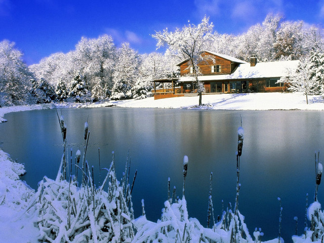 House snow trees lake large free wallpaper for desktop - medium preview image