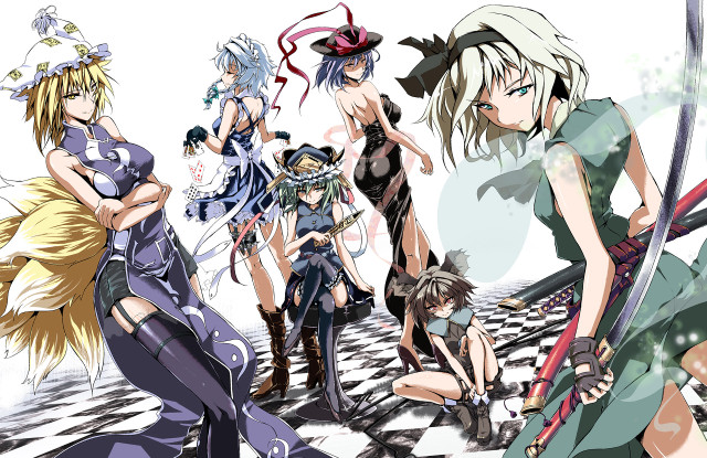 Anime girls checkered floor swords free wallpaper for desktop - medium preview image