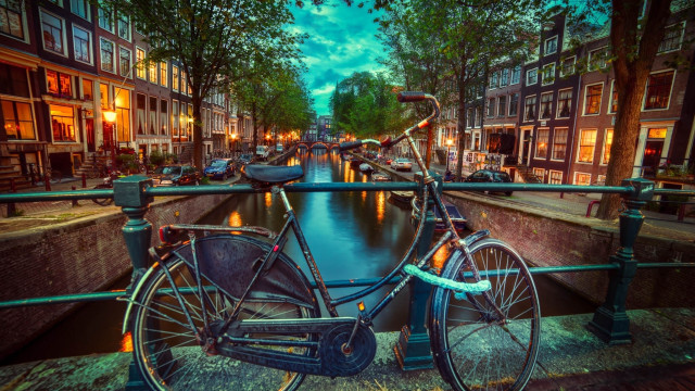 Bicycle parked bridge canal night free wallpaper for desktop - medium preview image