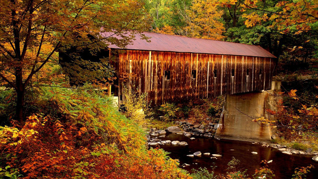 Covered bridge fall trees stream free wallpaper for desktop - medium preview image