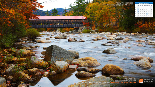 River rocks covered bridge fall free wallpaper for desktop - medium preview image