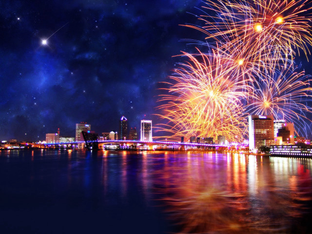 Fireworks city night bridge river #2 free wallpaper for desktop - medium preview image