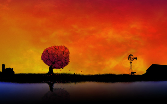 Red sky windmill tree dusk free wallpaper for desktop - medium preview image