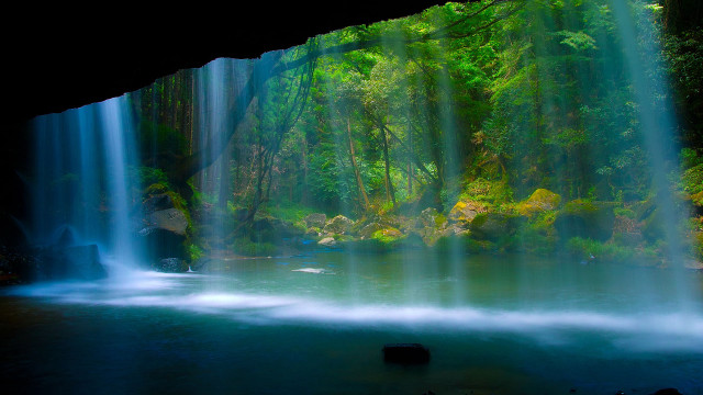 Waterfall forest blue pool cave #2 free wallpaper for desktop - medium preview image