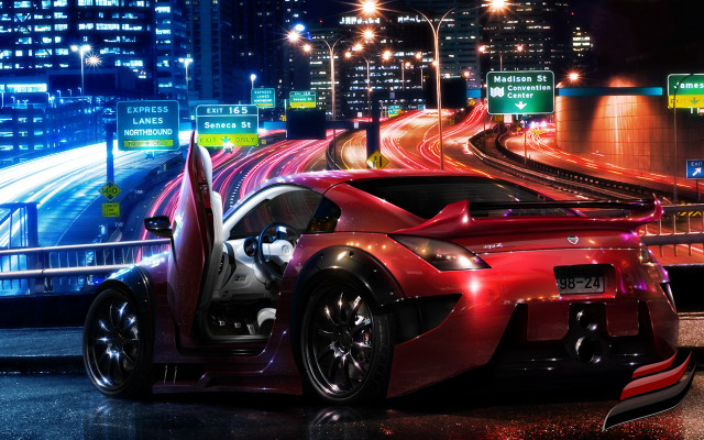 Red sports car night city #3 free wallpaper for desktop - medium preview image