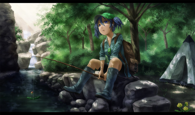 Girl sitting rock fishing river free wallpaper for desktop - medium preview image