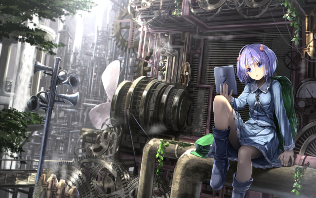 Girl sitting ledger book steampunk free wallpaper for desktop - medium preview image