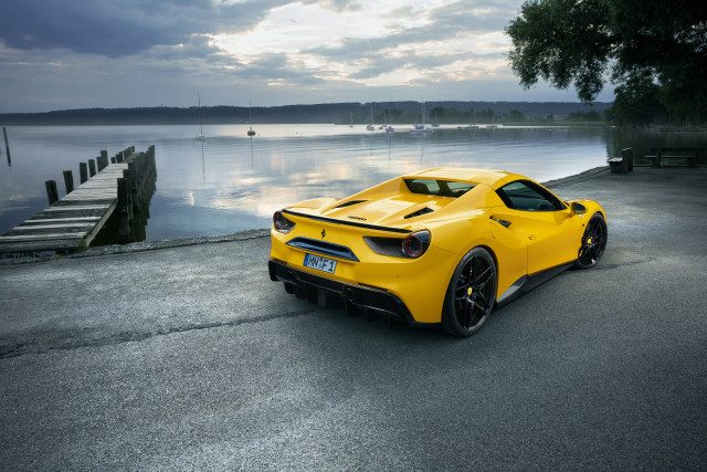 Yellow sports car water dock free wallpaper for desktop - medium preview image