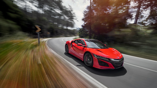 Red sports car forest road #4 free wallpaper for desktop - medium preview image