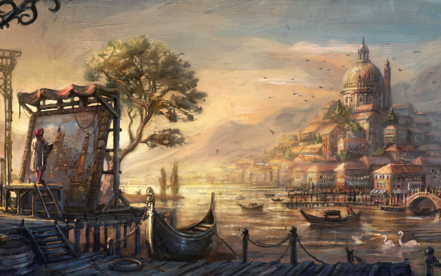 City water painting boat bridge free wallpaper for desktop - medium preview image