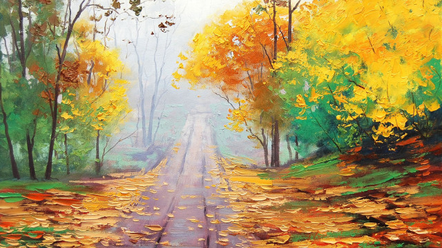 Fall road leaves trees painting free wallpaper for desktop - medium preview image