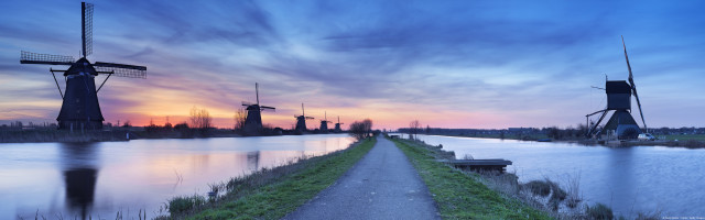 River path windmills sunset dawn free wallpaper for desktop - medium preview image