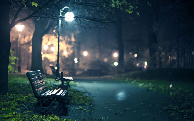 Park bench sidewalk night streetlights free wallpaper for desktop - medium preview image