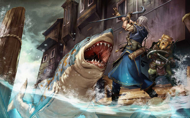 Man riding shark sword holding free wallpaper for desktop - medium preview image