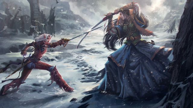 Snowy forest swords people holding free wallpaper for desktop - medium preview image